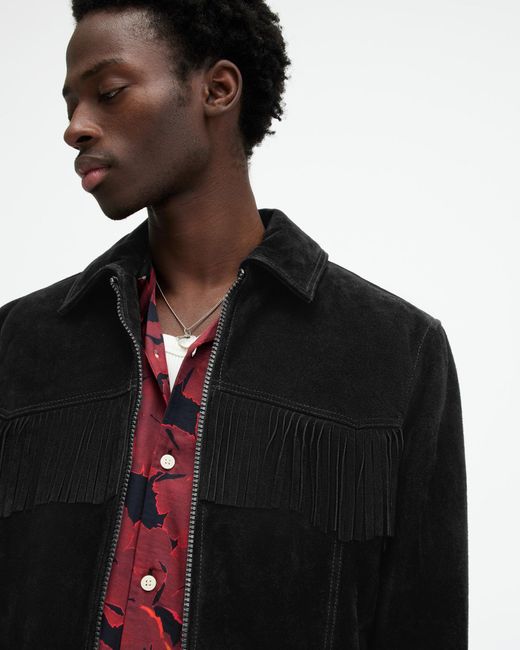 AllSaints Black Warren Suede Western Tassel Jacket for men