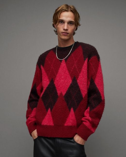 AllSaints Red Harley Brushed Argyle Crew Neck Sweater for men