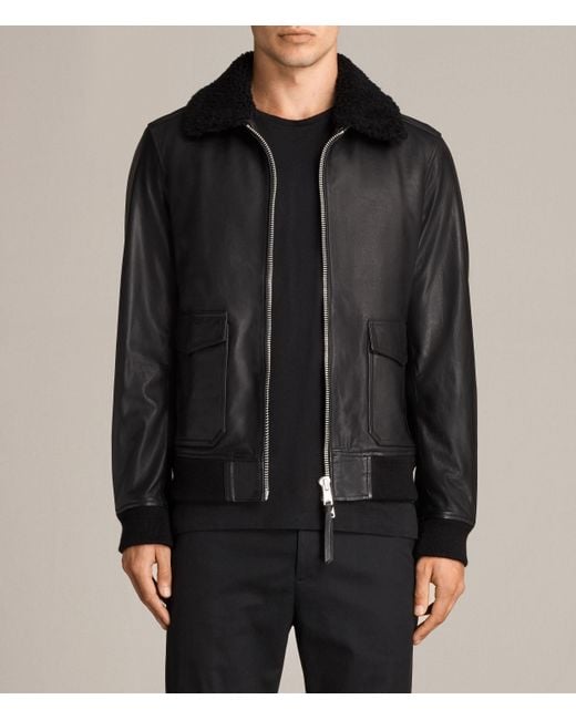 AllSaints Black Oban Aviator Leather Jacket for men