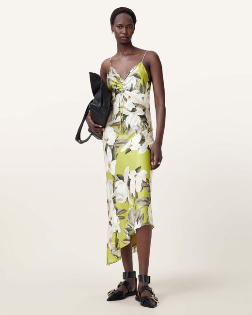 AllSaints Natural Alexia V-Neck Drawstring Midi Slip Dress