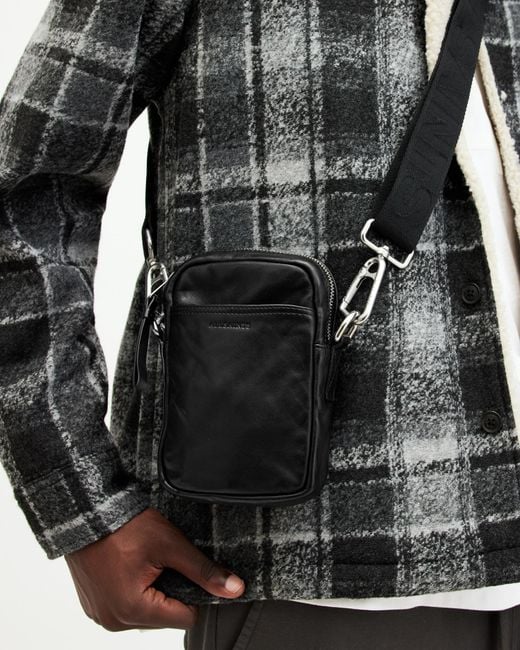 AllSaints Black Zumo Leather Phone Pouch for men