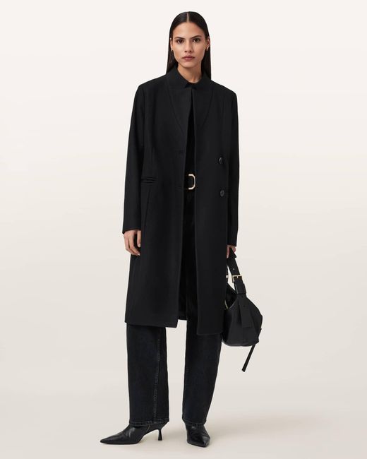 AllSaints Black Sidney Wool Cashmere Blend Tailored Coat