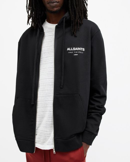 AllSaints Black Underground Zip Logo Hoodie, for men