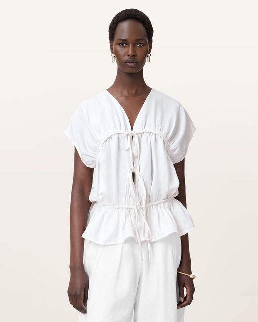 AllSaints White Lyocell/Linen Remy Gathered Top, /Us 8