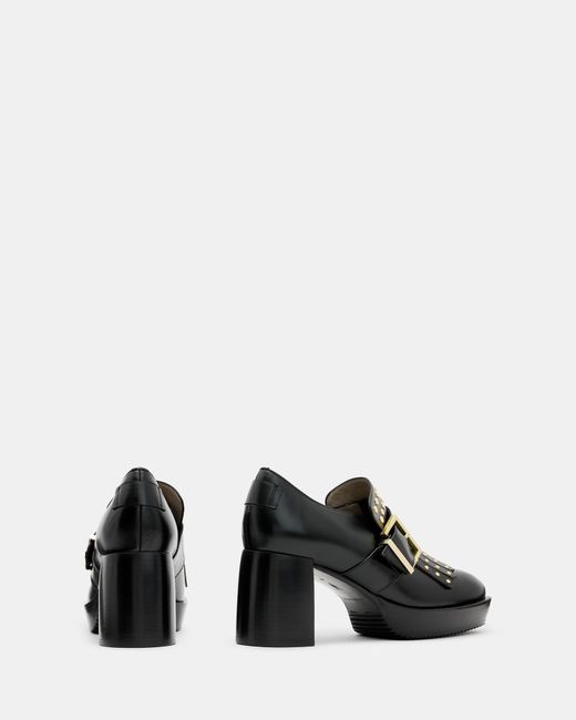 AllSaints Black Zia Studded Leather Heeled Loafers,, Shine