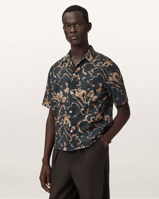 AllSaints Black Fortune Short Sleeve Linen Blend Boxy Shirt for men