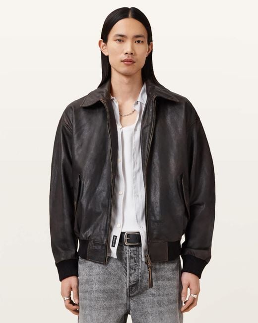AllSaints Black Marco Oversized Leather Bomber Jacket for men