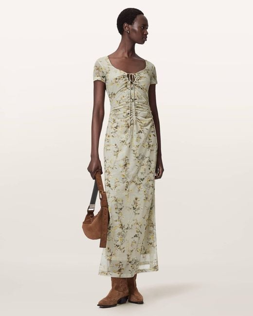 AllSaints Natural Gabby Floral Print Mesh Maxi Dress