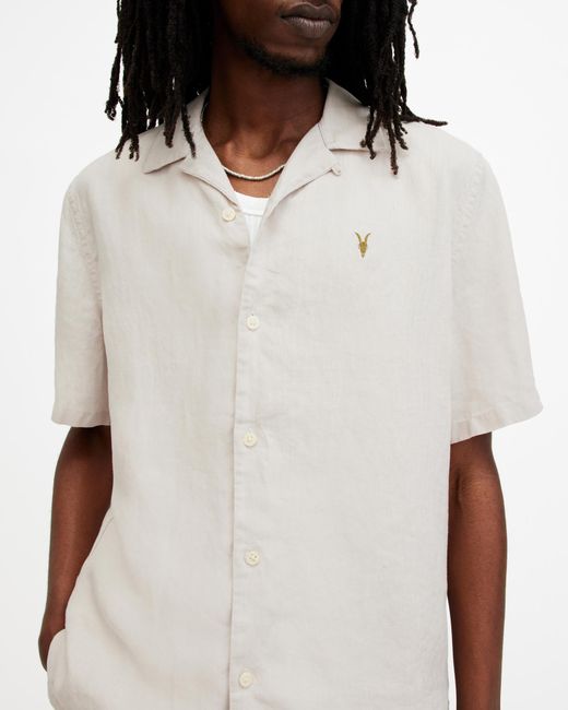 AllSaints White Audley Hemp Relaxed Fit Ramskull Shirt for men