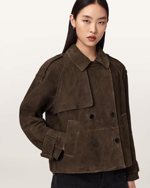 AllSaints Brown Reya Cropped Suede Mac
