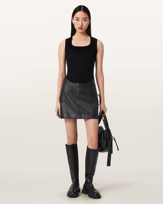 AllSaints Black Renai Leather Mini Skirt