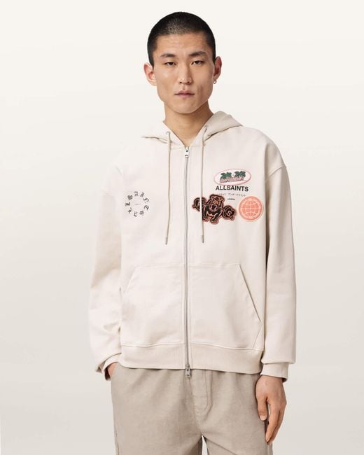 AllSaints Natural Patcher Zip Up Cotton Hoodie for men