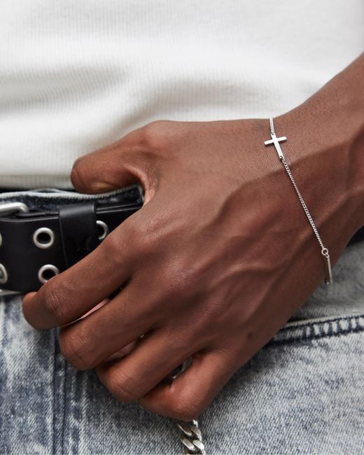 AllSaints Natural Cross Bar Sterling Silver Bracelet for men