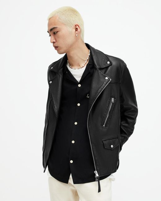 AllSaints Black Warner Relaxed Fit Leather Biker Jacket for men