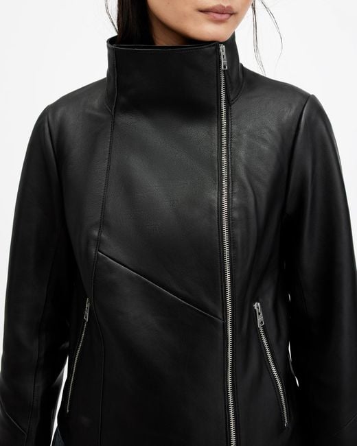 AllSaints Black Gray Funnel Neck Draped Leather Jacket,