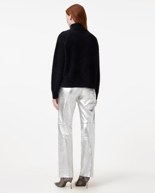 AllSaints Black Saige Straight Fit Foiled Leather Trousers