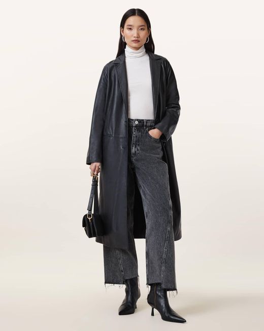 AllSaints Black Aire Long Line Leather Coat