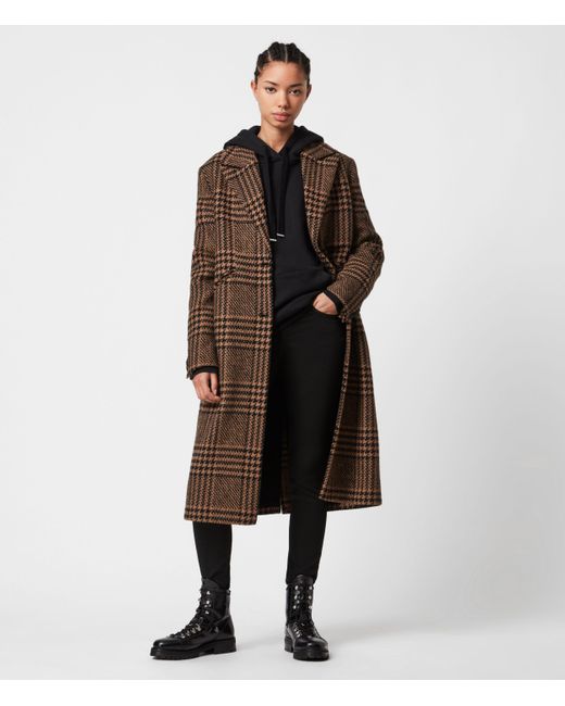 AllSaints Brown Jette Wool Blend Check Coat