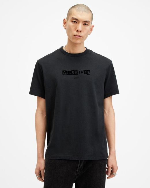 AllSaints Black Montage Flocked Logo Relaxed Fit T-Shirt,, Washed for men