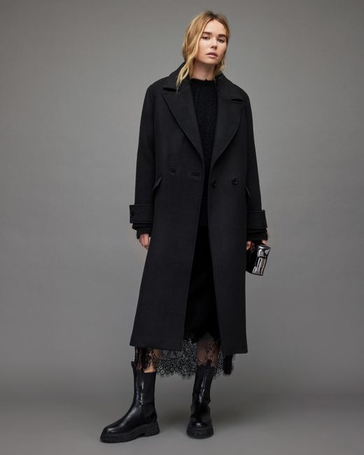 AllSaints Black Mabel Oversized Wool Blend Long Coat,