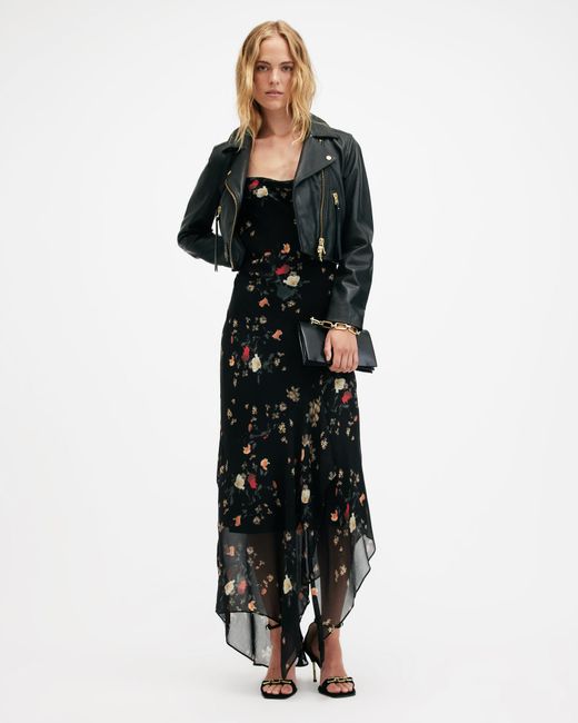 AllSaints Black Charlotte Kora Floral Print Midi Slip Dress,
