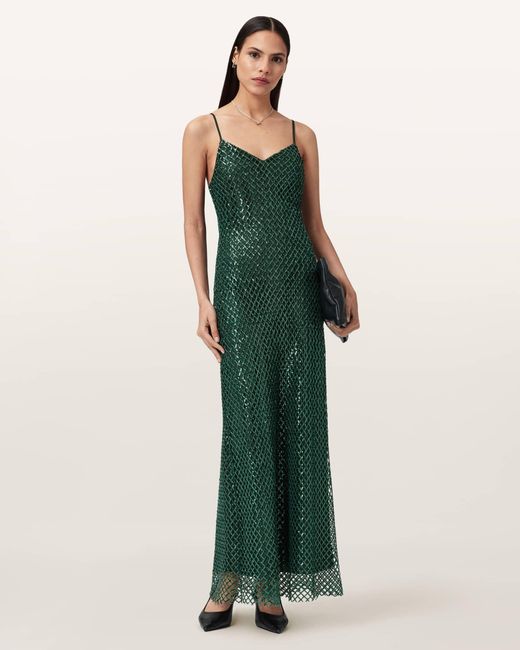 AllSaints Green Polyester Chantelle Sequin Midi Slip Dress, /Us 4