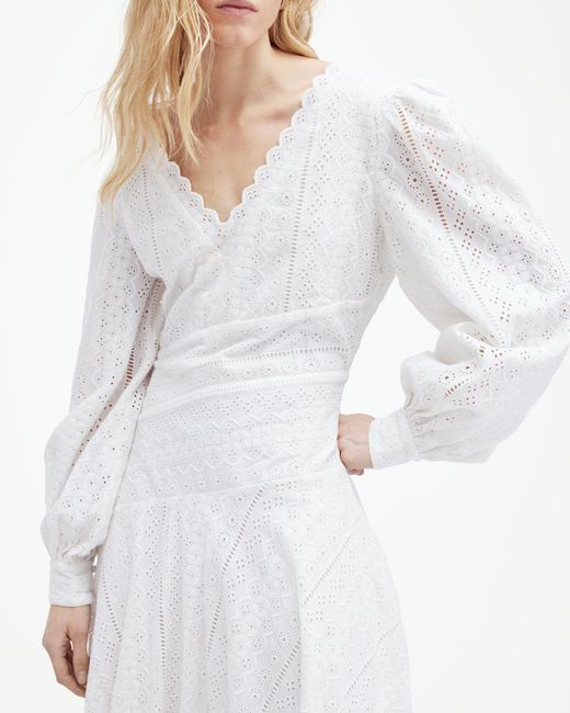 AllSaints White Aviana V-neck Broderie Maxi Dress,