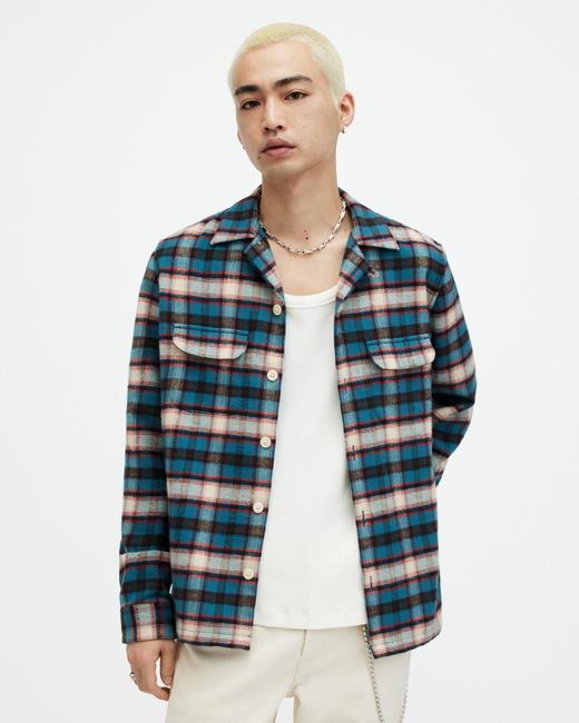 AllSaints Blue Crayo Long Sleeve Check Embroidered Shirt for men