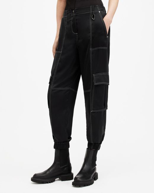 AllSaints Black Fran High Rise Tapered Cargo Trousers