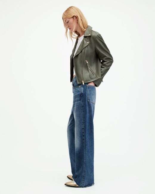 AllSaints Dalby Slim Fit Leather Biker Jacket in Green | Lyst