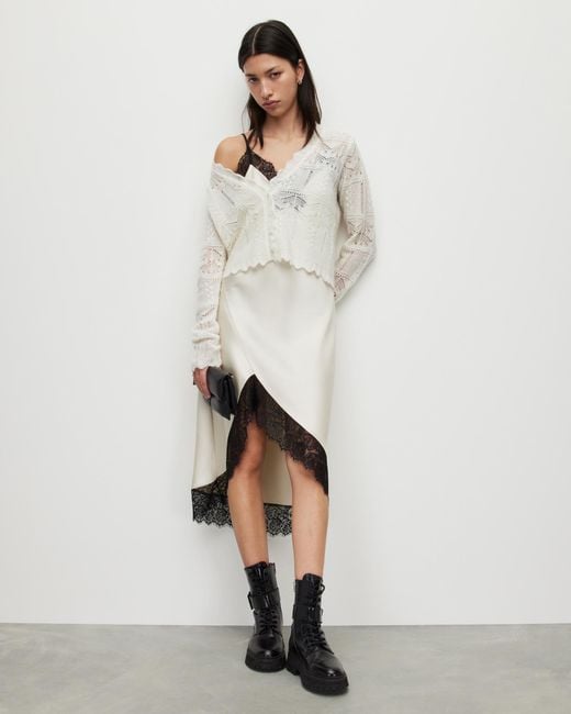AllSaints White Praia Lace Trim Midi Slip Dress