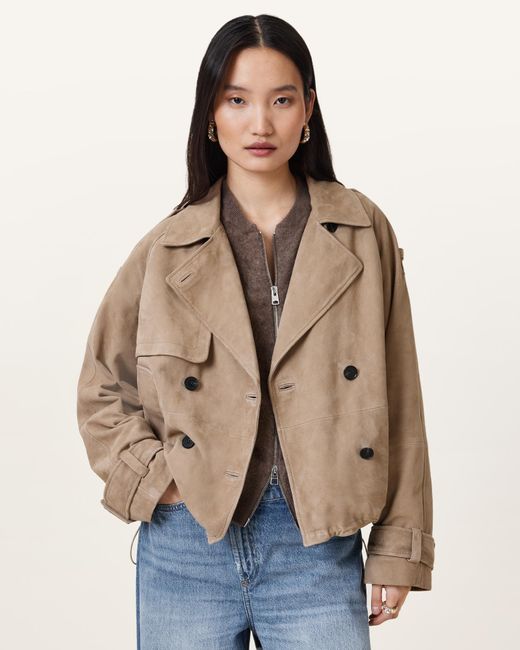 AllSaints Natural Reya Cropped Suede Mac