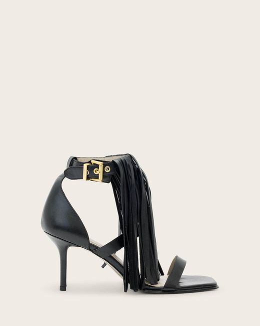 AllSaints Black Paola Fringed Leather Heeled Sandals