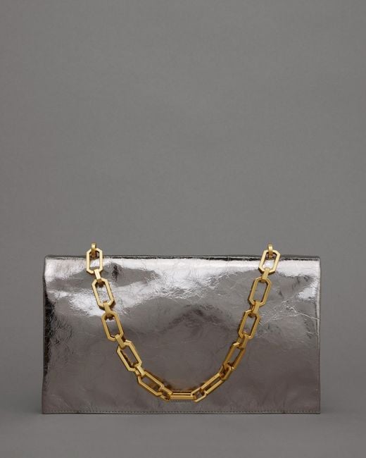 AllSaints Gray Akira Leather Removable Chain Clutch Bag,