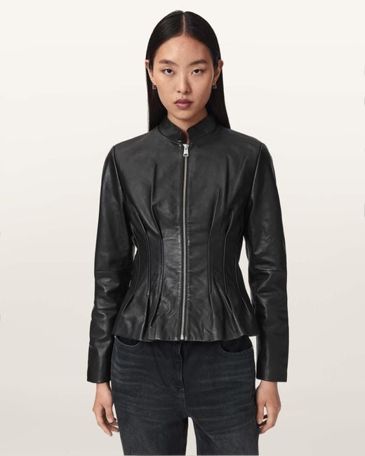 AllSaints Black Clo Pleated Leather Jacket