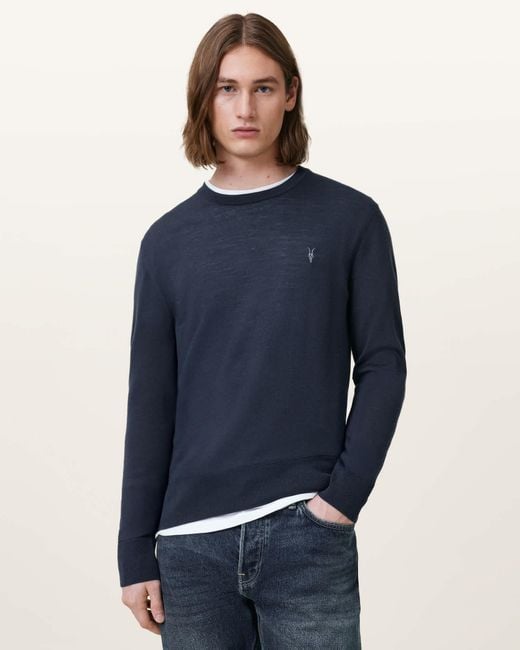 AllSaints Blue Mode Merino Crew Neck Ramskull Jumper for men