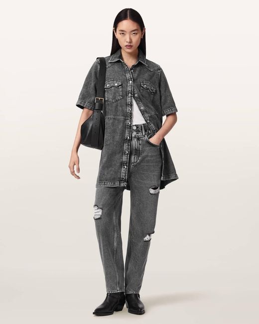 AllSaints Gray Daisy Tapered Leg Distressed Denim Jeans