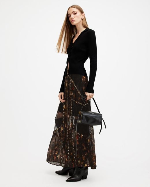 AllSaints Black Bryn Embellished Panelled Maxi Skirt,, Kateri