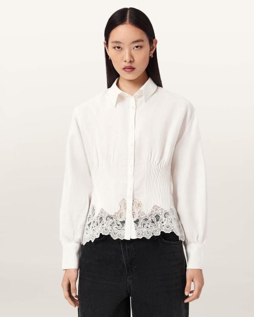 AllSaints White Linen Carol Long Sleeve Lace Trimmed Shirt, /Us 2