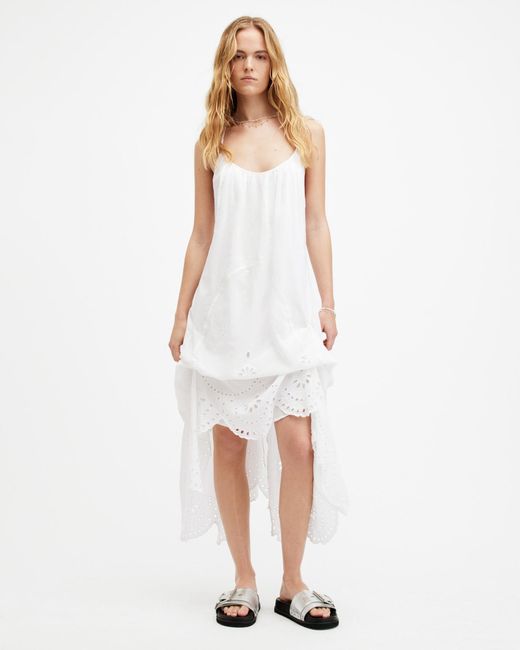AllSaints White Areena Embroidered Adjustable Maxi Dress,