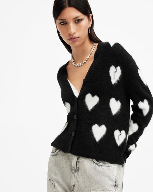 AllSaints Black Amora Love Heart Jacquard Brushed Cardigan