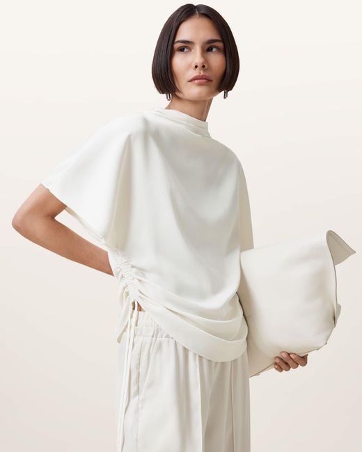 AllSaints White Polyester Leslie Satin Short Sleeve Top, /Us 2
