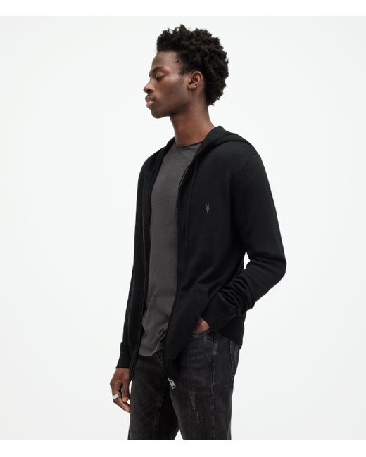 AllSaints Black Mode Merino Wool Zip Up Hoodie for men