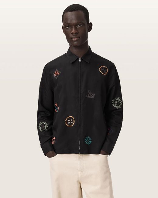 AllSaints Black Laurel Long Sleeve Embroidered Zip Up Shirt for men