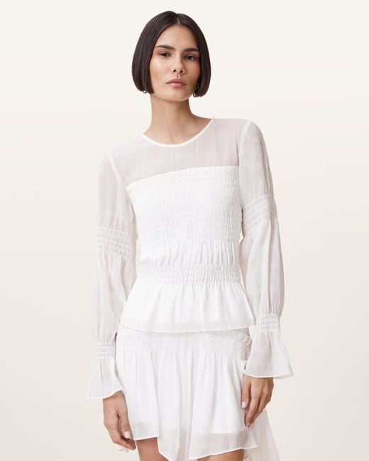 AllSaints White Polyester Pamela Flared Long Sleeve Top, /Us 8