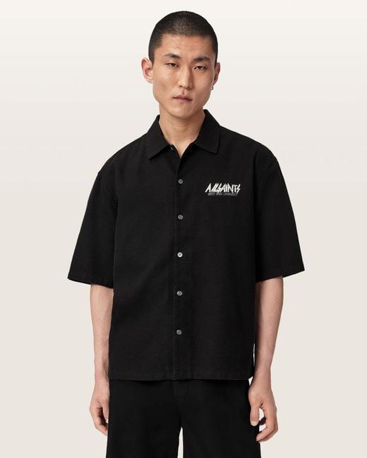AllSaints Black Synth Short Sleeve Oversized Shirt for men