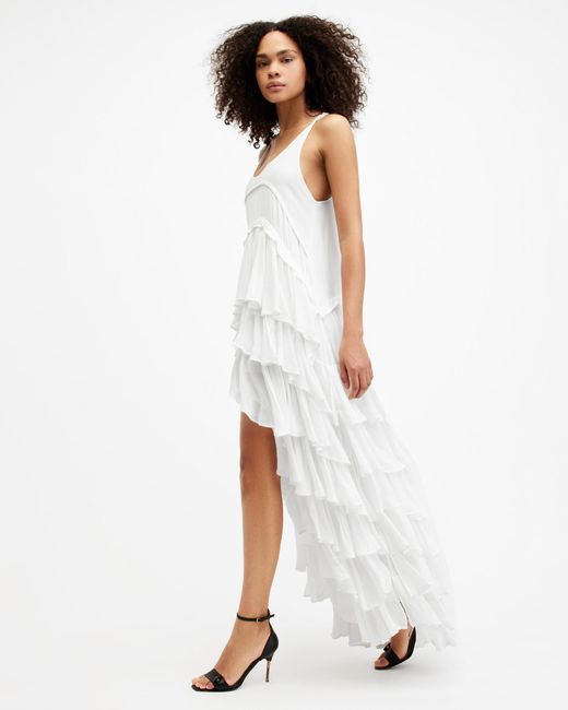 AllSaints White Cavarly Tiered Ruffle Maxi Dress,