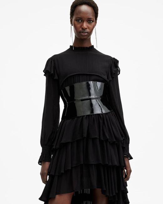 AllSaints Black Oakleigh Leather Corset Belt,, Patent/Brass