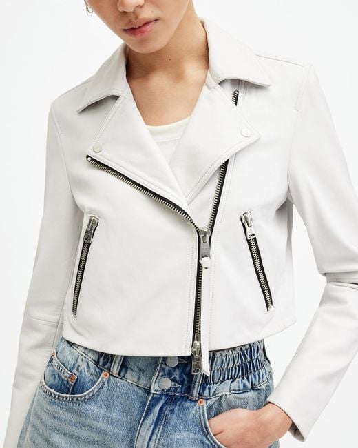 AllSaints White Dalby Slim Fit Cropped Leather Biker Jacket,