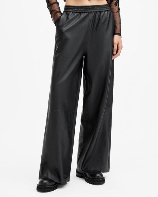 AllSaints Black Aspen Wide Leg Leather Pants